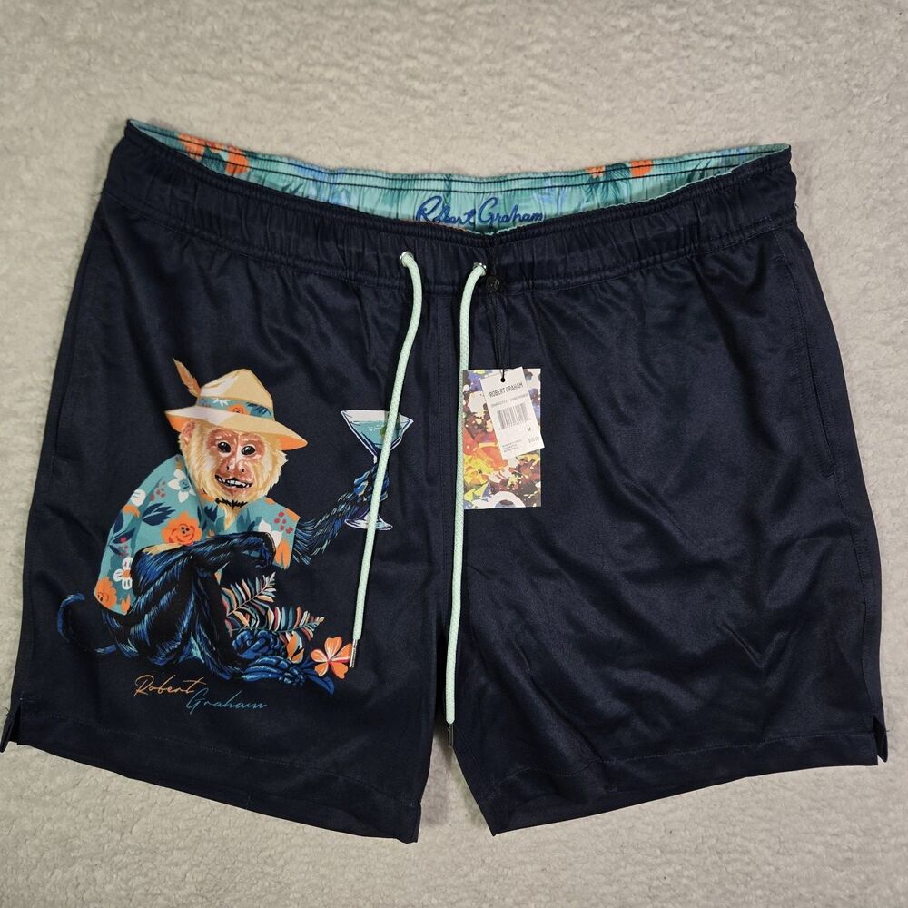 Robert Graham Swim Trunks Mens Medium Monkey Martini Blue Lined Shorts 5" Inseam